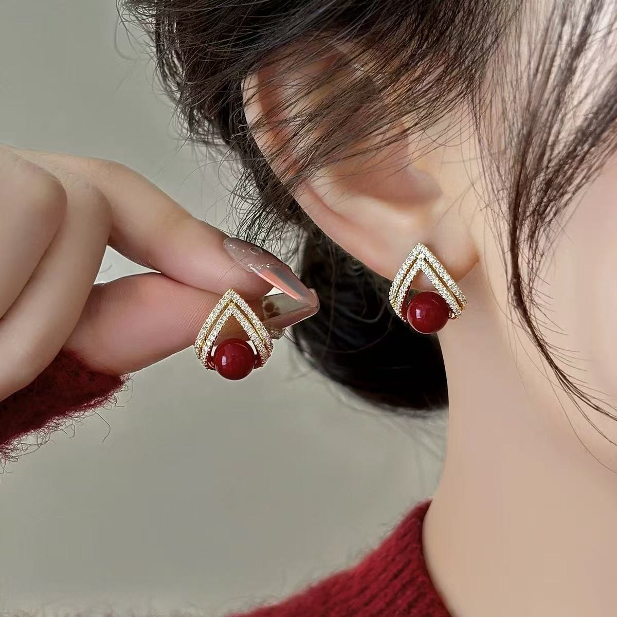 Pearl Stud Earrings - 925 Silver Needle Korean Fashion Wine