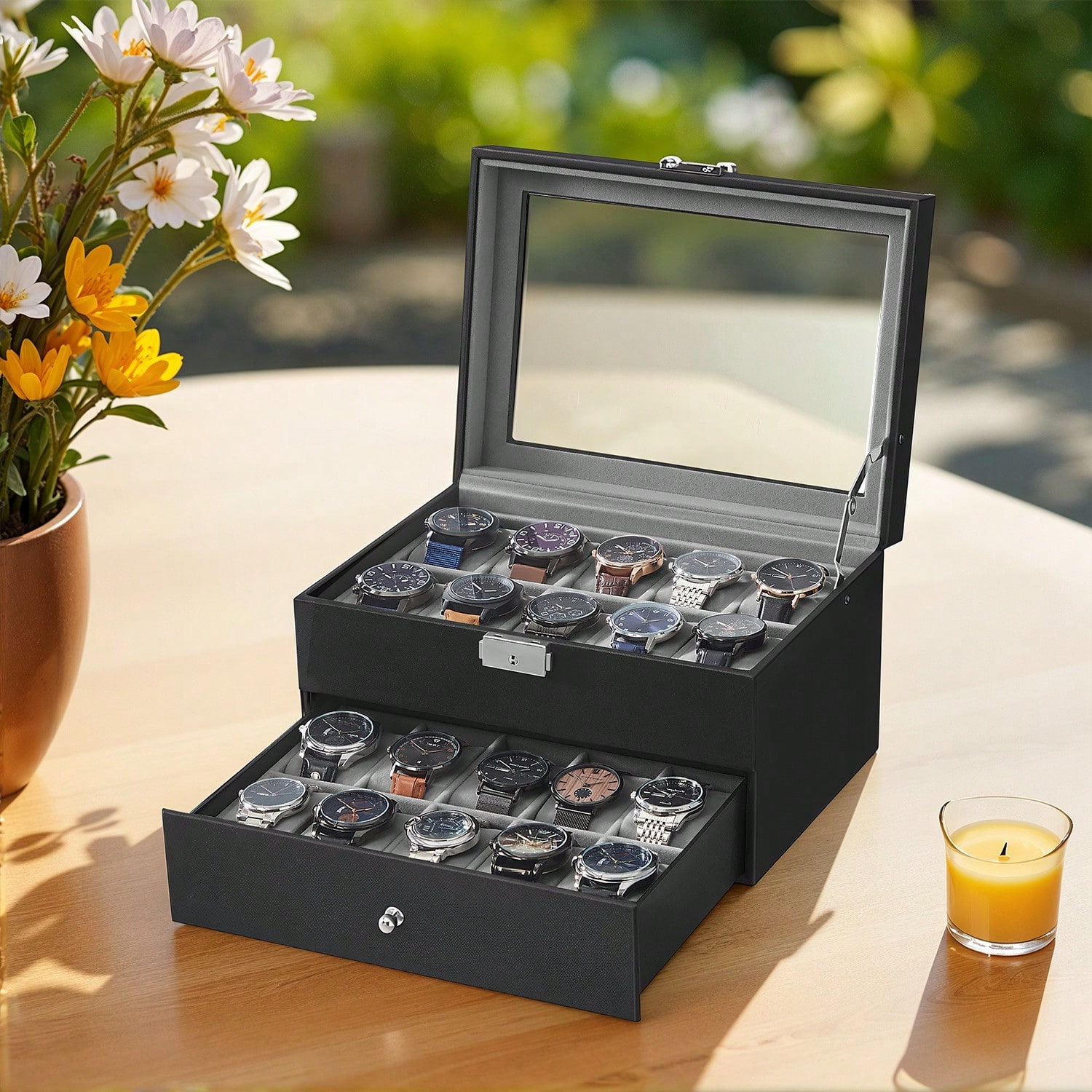 Jewelry Watches Box - 20-Slot Watch Box with Glass Lid