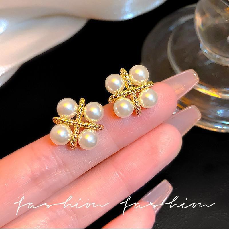 Pearl Stud Earrings - 925 Silver Needle Korean Fashion Cross