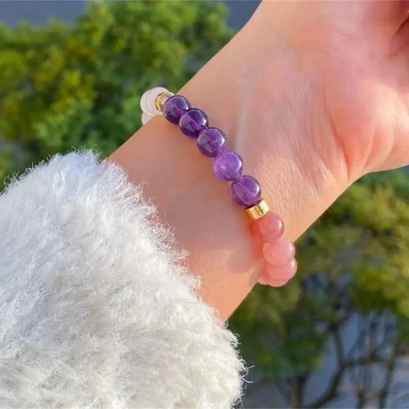 Rose Gold Bracelet - Natural Amethyst Rose Quartz Beaded Bracelet