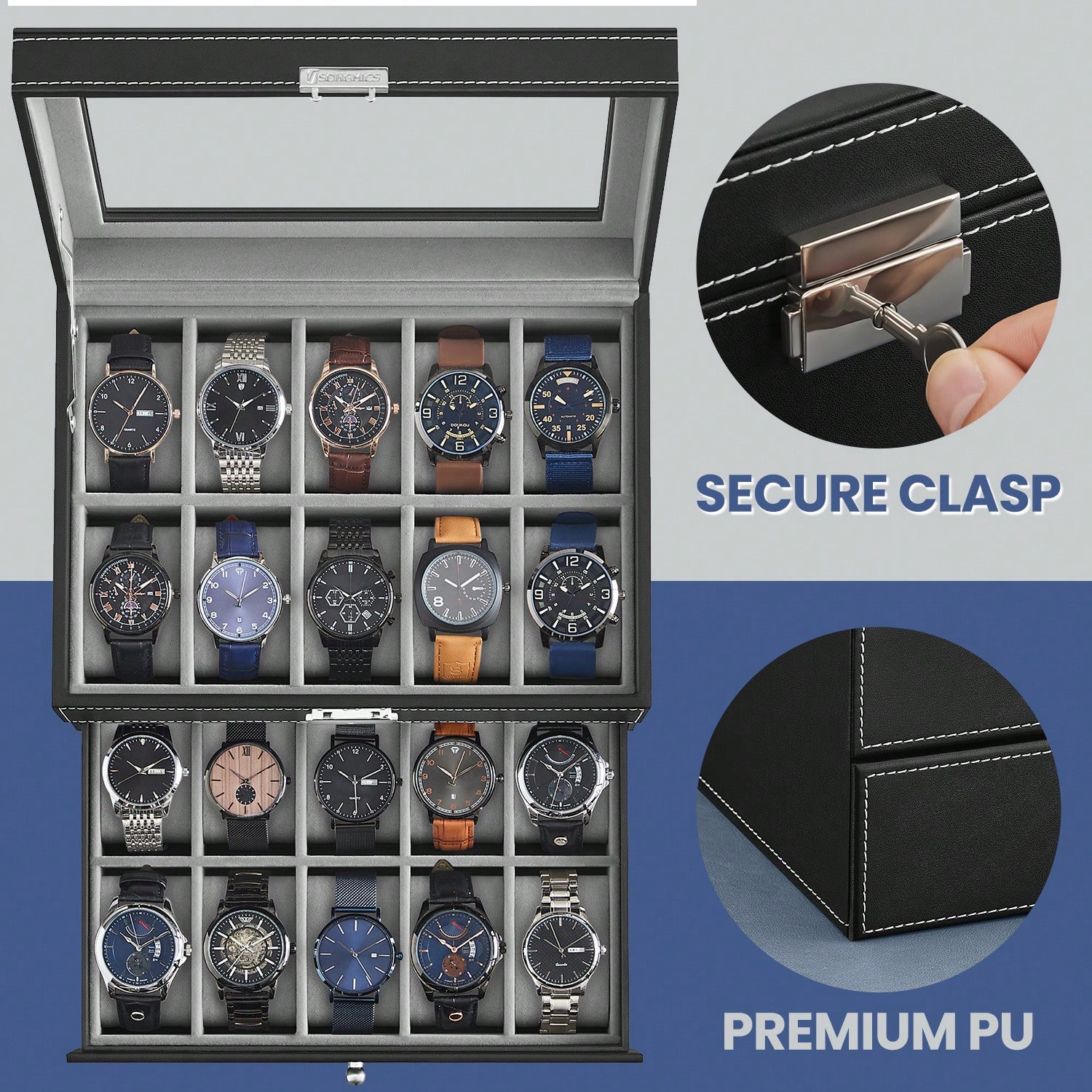 20-Slot Watch Box with Glass L - огляд і ціна Jewelry Watches Box